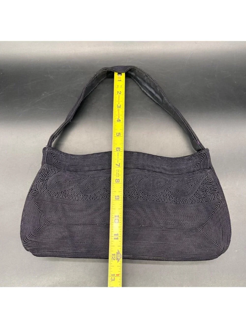 Vintage Black Corde Handbag 1940s USA Purse Swirl Mid Century Fashion Accessory